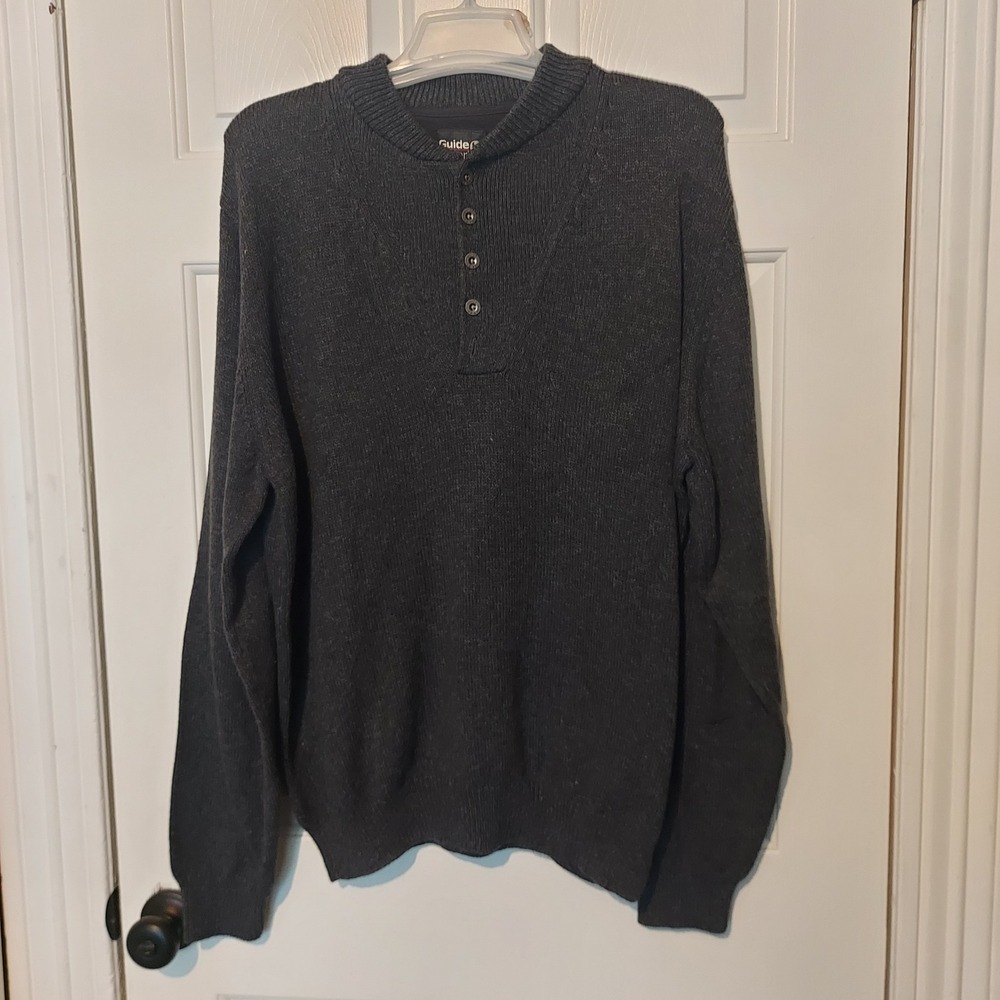 Guide Series Mens XL Charcoal Gray Cotton Wool Blend Henley Mock Neck Sweater